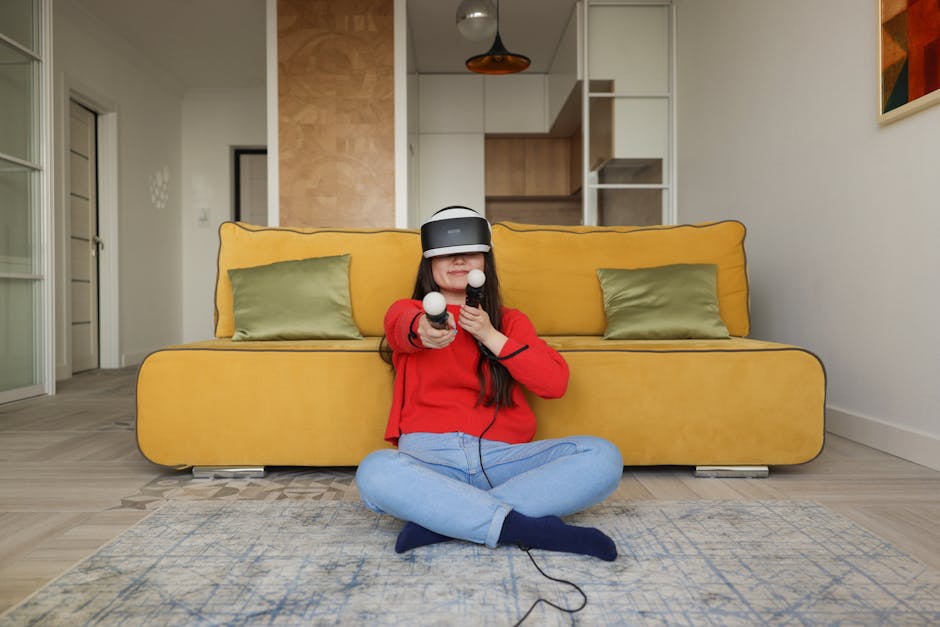 Woman enjoying an immersive virtual reality gaming experience with VR headset and controllers.